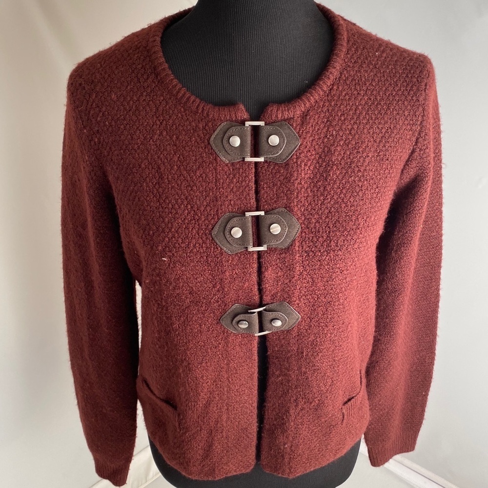Cynthia Rowley burgundy cardigan with brown suede trim cardigan